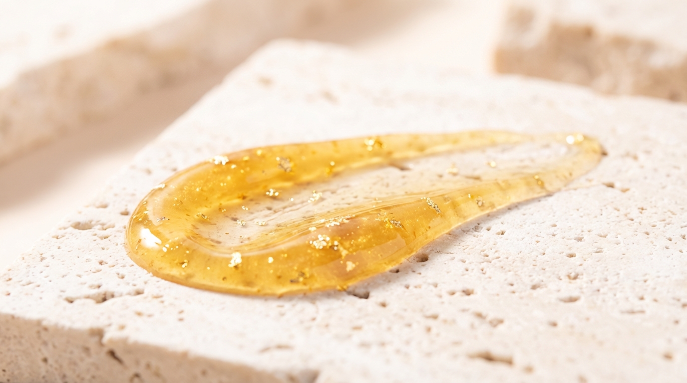 Close-up texture shot of the serum smear on a textured stone surface, displaying rich viscosity and golden flakes, soft focus background, high-key lighting.