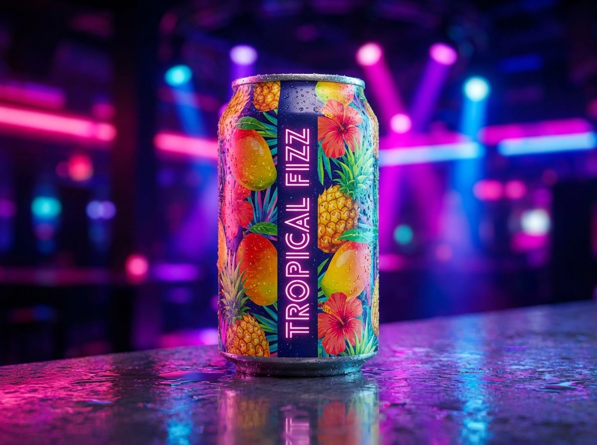 A condensation-covered aluminum soda can mockup with a vibrant tropical fruit print. The text "TROPICAL FIZZ" runs vertically. Neon lighting background, night club vibe, wet surface look.