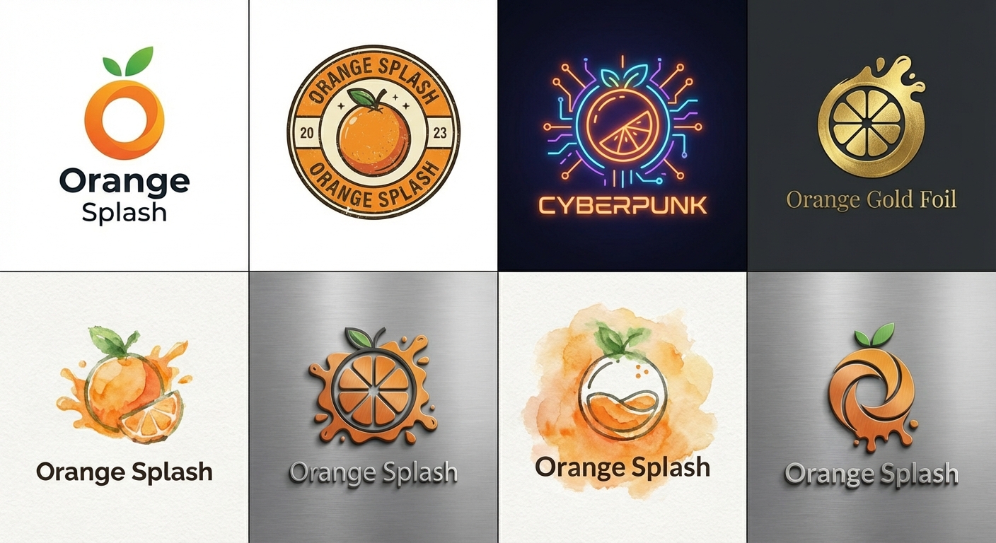 Subject: A grid of 8 different professional logo variations for a brand named 'Orange Splash', based on the attached rough sketch. 
Variations: 
1) Minimalist: Clean line art of an orange and a splash, sans-serif font. 
2) Vintage: Retro emblem style, textured, with a banner and aged colors. 
3) Cyberpunk: Neon glowing lines, glitch effect, futuristic tech font. 
4) Luxury Gold Foil: Elegant, embossed gold foil on dark textured paper, serif font. 
5) Watercolor: Soft, hand-painted orange and blue splash, organic shapes. 
6) 3D Emblem: Raised, metallic orange slice and splash on a shield, realistic render. 
7) Flat Design: Simple, colorful, geometric shapes, friendly sans-serif font. 
8) Abstract: Stylized, abstract shapes representing an orange and motion. 
Layout: Arranged in a neat 4x2 grid.