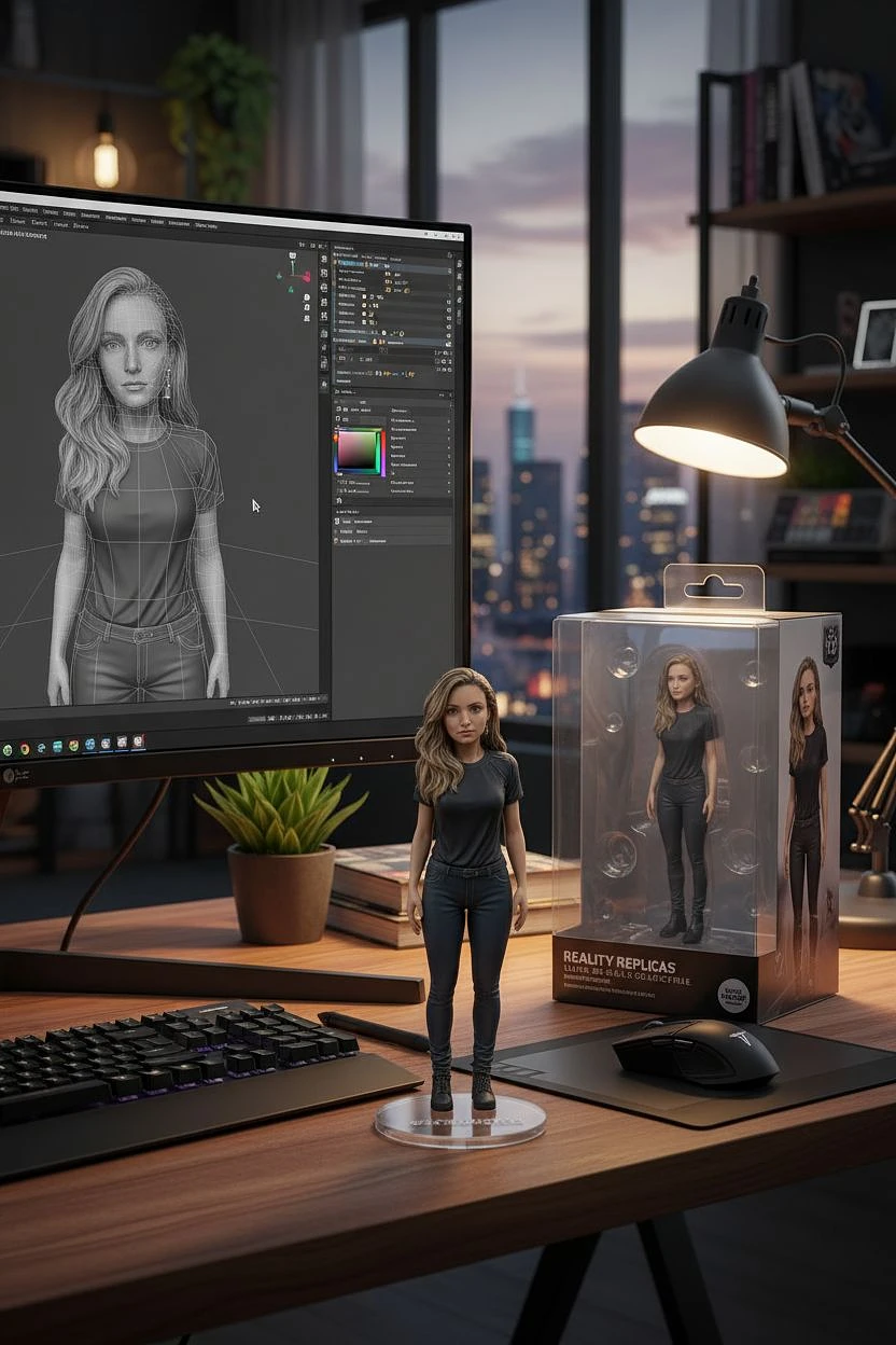 Transforming the photographed person into a realistic 3D figurine in front of a computer desk. The computer screen displays a 3D design drawing of the figurine's software interface. The figurine has a transparent base, and next to it is its matching packaging box, allowing the figurine to be seen.
The overall scene is in a realistic style, with the character presented in an ultra-realistic manner. The image quality reaches 4K high definition, the lighting effects are bright and layered, and the colors are saturated and vibrant, showcasing the exquisite imaging effect of high-end photography.
Visual Tone: The scene is rich in color and visually impactful. The camera should be able to display different grand backgrounds, with detailed and lively elements in the background, creating an immersive experience.
