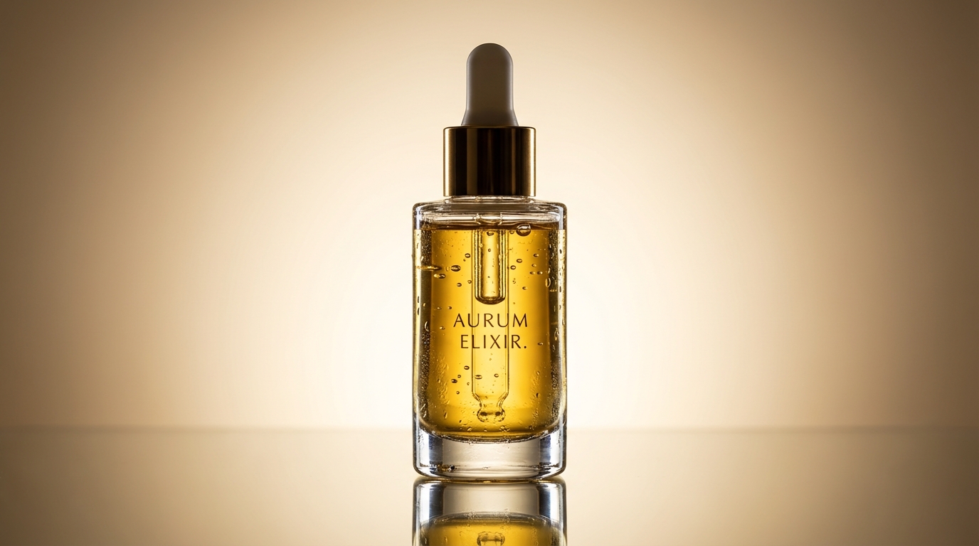 A high-end glass dropper bottle of golden serum, placed on a mirrored surface. Lighting: Soft cinematic backlighting creating a glowing effect through the liquid, sharp rim lighting highlighting the bottle's silhouette. Details: Tiny air bubbles suspended in the serum, condensation droplets on the glass, 100mm macro lens focus. Style: Luxury commercial photography, 4k resolution, photorealistic.