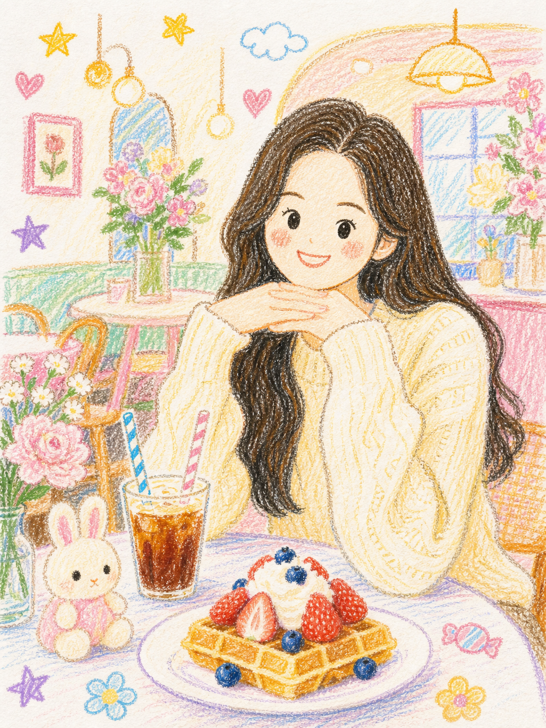 업로드한 사진을 기반으로 이미지를 재구성해줘.

사진 속 전체 인물, 포즈, 구도, 주요 오브젝트 배치는 원본을 최대한 유지하되,
사진 전체를 크레파스(오일 파스텔)로 그린 어린이 그림처럼 변환해줘.

스타일:
10살 아이가 크레파스와 색연필로 직접 그린 듯한 귀엽고 단순한 그림체.
삐뚤빼뚤하지만 사랑스러운 선.
둥글고 부드러운 얼굴, 단순화된 눈코입, 작은 미소.
인물과 소품은 정교하게 묘사하지 말고 어린이 그림처럼 순수하게 표현.
크레파스 특유의 거친 질감, 색 번짐, 손으로 색칠한 듯한 빈틈을 살려줘.
전체적으로 따뜻하고 사랑스럽고 장난기 있는 분위기.

색감:
원본 사진의 실제 색을 그대로 사용하지 말고,
밝고 랜덤한 파스텔톤 색상으로 재해석해줘.
분홍, 하늘색, 연노랑, 연보라, 민트, 연두 등 밝고 부드러운 색을 자유롭게 사용.
강한 원색이나 어두운 색감은 피하고, 아이가 고른 듯한 즐거운 색 조합으로 표현해줘.

구성:
원본 사진의 단일 컷 구도는 그대로 유지해줘.
인물의 위치, 포즈, 시선, 거리감, 카메라 프레이밍을 최대한 유지해줘.
사진 속 주요 요소인 인물, 의상 실루엣, 테이블, 음료, 디저트, 인형, 꽃, 배경 구조를 비슷한 위치와 비율로 살려줘.
전체 이미지는 하얀 종이 위에 그린 크레파스 감성 그림처럼 보이게 해줘.

배경:
전체적으로 하얀 종이 위에 그린 느낌을 유지해줘.
복잡한 배경은 단순화하고, 어린이가 단순하게 그린 카페 배경처럼 표현해줘.
조명, 창문, 테이블, 꽃 같은 요소는 부드럽고 아기자기하게 재해석해줘.

추가 요소:
이미지 곳곳에 작은 낙서처럼 꽃, 별, 하트, 사탕, 구름 등을 자연스럽게 추가해줘.
장식은 과하지 않게, 추억 그림일기 같은 느낌을 살리는 정도로만 배치해줘.

분위기:
따뜻하고 사랑스럽고 장난기 있는 느낌.
친구들과의 추억이나 카페에서의 행복한 순간을 어린아이 그림처럼 표현한 감성.
귀엽지만 너무 유치하거나 지저분하지 않게, 깨끗하고 보기 좋은 이미지로 만들어줘.

품질:
고해상도.
크레파스 질감은 선명하게 보이되 전체 이미지는 깔끔하게 정리해줘.

금지:
실사풍, 3D 렌더링, 고급 디지털 일러스트풍 금지.
원본 색감 그대로 복사 금지.
과한 디테일, 어두운 분위기, 무서운 표정, 로고 추가, 워터마크, 의미 없는 문자, 얼굴 왜곡, 손가락 왜곡은 넣지 마.