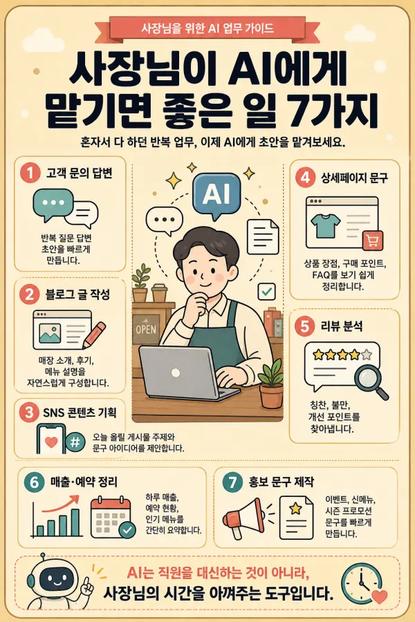 첨부 참고 이미지 스타일의 따뜻한 베이지 톤 공공 안내문형 인포그래픽을 만들어줘.

제목: 사장님이 AI에게 맡기면 좋은 일 7가지
서브카피: 혼자서 다 하던 반복 업무, 이제 AI에게 초안을 맡겨보세요.

디자인 스타일:
- 세로형 4:5 인포그래픽.
- 배경은 따뜻한 베이지/크림 톤, 포인트는 네이비, 코랄 레드, muted blue, soft teal을 사용.
- 상단에는 작은 리본 라벨을 넣고, 그 아래 매우 굵은 대형 제목을 중앙 정렬.
- 제목 아래에는 짧은 서브카피를 작고 선명하게 배치.
- 중앙에는 소상공인 사장님이 노트북 앞에 앉아 있는 플랫 벡터 캐릭터를 크게 배치.
- 좌우에는 번호가 붙은 정보 블록을 점선 구분선, 작은 원형 아이콘, 짧은 텍스트와 함께 배치.
- 하단에는 둥근 사각형 카드와 강조 메시지 박스를 배치.
- 두꺼운 윤곽선, 단순한 그림자, 평면 일러스트, 친근한 공공 안내문 느낌 유지.

핵심 항목:
1. 고객 문의 답변 - 반복 질문 답변 초안을 빠르게 만듭니다.
2. 블로그 글 작성 - 매장 소개, 후기, 메뉴 설명을 자연스럽게 구성합니다.
3. SNS 콘텐츠 기획 - 오늘 올릴 게시물 주제와 문구 아이디어를 제안합니다.
4. 상세페이지 문구 - 상품 장점, 구매 포인트, FAQ를 보기 쉽게 정리합니다.
5. 리뷰 분석 - 칭찬, 불만, 개선 포인트를 찾아냅니다.
6. 매출·예약 정리 - 하루 매출, 예약 현황, 인기 메뉴를 간단히 요약합니다.
7. 홍보 문구 제작 - 이벤트, 신메뉴, 시즌 프로모션 문구를 빠르게 만듭니다.

하단 강조 문구:
AI는 직원을 대신하는 것이 아니라,
사장님의 시간을 아껴주는 도구입니다.

텍스트 조건:
- 모든 문구는 한국어로 작성.
- 제목은 매우 굵게, 본문은 짧고 읽기 쉽게.
- 오탈자, 임의 문구, 가짜 로고, 워터마크 금지.
- 텍스트와 아이콘이 겹치지 않게 충분한 여백 유지.