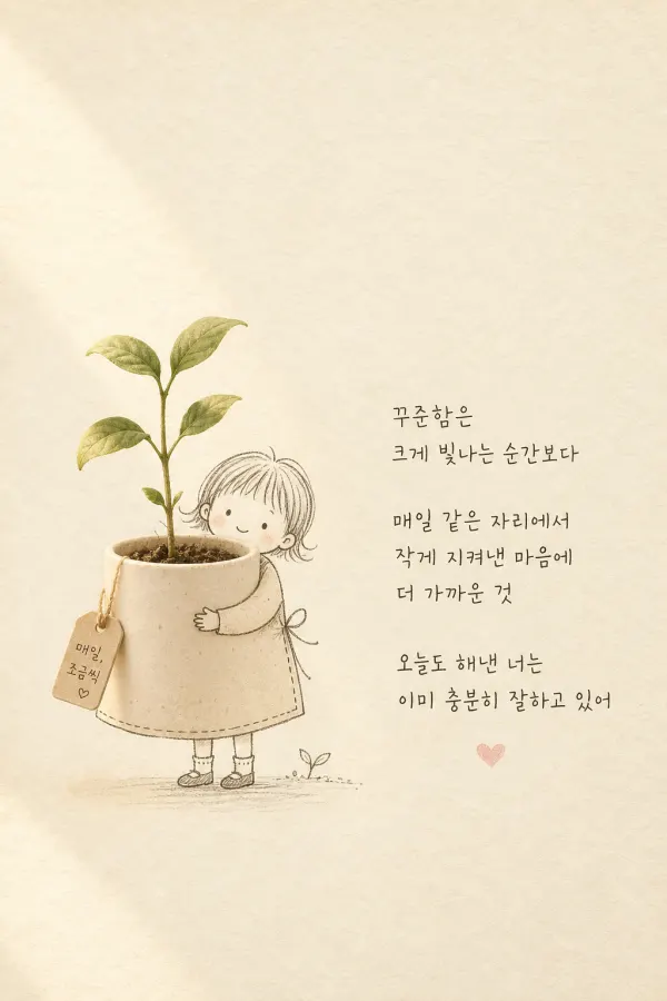 입력한 좋은 글을 감성적인 옆서형 이미지로 제작해줘.

[넣을 글]
꾸준함은
크게 빛나는 순간보다

매일 같은 자리에서
작게 지켜낸 마음에
더 가까운 것

오늘도 해낸 너는
이미 충분히 잘하고 있어

스타일:
따뜻한 크림색 종이 배경 위에 여백이 넓은 미니멀 감성 옆서 디자인.
작은 미니멀 손그림 캐릭터에 사물이 자연스럽게 합쳐진 느낌.
사물이 캐릭터의 옷이나 몸 일부처럼 연결된 스타일.
실제 사물 사진과 단순한 펜 손그림이 조합된 콜라주 스타일.
연필 또는 얇은 펜 선으로 그린 귀여운 작은 아이 캐릭터.
점눈, 작은 미소, 둥근 얼굴, 순수하고 따뜻한 표정.
한국 감성 힐링 일러스트와 일본 잡화 감성이 섞인 분위기.
전체 분위기는 조용하고 다정하며 위로가 되는 느낌.

구성:
세로형 옆서 비율.
배경은 아이보리, 크림, 연베이지 톤의 은은한 종이 질감.
여백이 많은 깨끗한 구성.
화면 중앙 또는 하단에 작은 손그림 캐릭터를 배치.
글의 분위기에 맞는 실제 오브젝트를 하나 이상 크게 배치.
예: 꽃, 장미, 튤립, 딸기 케이크, 강아지, 머그컵, 책, 편지, 작은 화분, 리본, 쿠키, 촛불, 새싹, 조약돌 등.
오브젝트는 사진처럼 섬세하고 부드러운 질감으로 표현.
캐릭터는 오브젝트와 단순히 옆에 있는 것이 아니라, 자연스럽게 연결되게 해줘.
예: 꽃잎이 아이의 치마가 되는 모습, 케이크 위에 앉은 아이, 큰 장미 줄기를 몸처럼 안고 있는 아이, 강아지와 선으로 이어진 산책 장면, 새싹 화분을 옷처럼 품은 아이.
사물과 손그림 캐릭터가 한 장의 감성 콜라주처럼 어울리게 구성해줘.

텍스트:
입력한 글을 이미지 안에 반드시 넣어줘.
한국어 손글씨 느낌의 얇고 단정한 폰트.
시적인 한국 손글씨 문구처럼 자연스럽고 따뜻하게 표현.
글자는 깨지지 않게 선명하고 읽기 쉽게.
문장은 3~5줄 또는 글의 호흡에 맞게 자연스럽게 줄바꿈.
글 위치는 오른쪽 중앙 또는 하단 중앙에 배치.
글 아래에 작은 하트 하나를 은은한 연핑크색으로 넣어줘.
텍스트는 너무 크지 않게, 넓은 여백과 조화를 이루게 배치.

분위기:
따뜻한 햇살, 부드러운 자연광, 은은한 그림자.
차분하고 감성적인 분위기.
동화책 삽화, 감성 엽서, 힐링 문구 카드, 수채화와 연필 드로잉이 섞인 느낌.
귀엽지만 유치하지 않고, 고급스럽고 깨끗한 이미지.
SNS에 올리기 좋은 감성 카드뉴스/옆서 이미지.

품질:
고해상도, 선명한 디테일, 깨끗한 배경, 부드러운 색감, 상업용 이미지 퀄리티.

금지:
글자 깨짐, 오타, 의미 없는 문자, 과한 장식, 복잡한 배경, 강한 색감, 네온 컬러, 무거운 분위기, 너무 사실적인 사람 얼굴, 손가락 왜곡, 로고, 워터마크는 넣지 마.