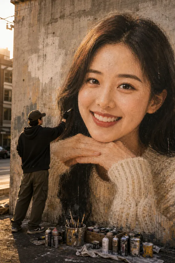 첨부한 인물 사진을 기반으로, 사진 속 인물의 얼굴을 거대한 벽화로 그리는 장면을 만들어줘.

[입력 이미지]
{인물 사진 또는 참고 이미지}

[핵심 컨셉]
첨부한 인물 사진을 참고해, 도시의 큰 콘크리트 벽에 해당 인물의 초상화가 사실적인 벽화로 그려진 장면.
벽화 속 얼굴은 첨부 사진의 인물과 닮게 표현하되, 실제 벽에 페인트로 그려진 듯한 질감과 색 번짐이 느껴지게 한다.
벽 앞에는 그림을 그리고 있는 아티스트가 서 있고, 손에는 붓이나 스프레이 페인트를 들고 있다.

[장면 설정]
장소는 야외 도시 거리 또는 넓은 콘크리트 벽 앞.
큰 회색 콘크리트 벽 전체에 인물 초상화 벽화가 그려져 있다.
벽 아래에는 페인트통, 스프레이 캔, 붓, 작업 도구가 놓여 있다.
벽화는 완성 직전 또는 막 마무리 중인 느낌으로 표현한다.
벽에는 콘크리트 질감, 얼룩, 균열, 페인트 자국, 물감이 흘러내린 흔적이 자연스럽게 보이게 한다.

[벽화 스타일]
- 대형 리얼리즘 인물 벽화
- 스트리트 아트
- 페인트 브러시 질감
- 스프레이 페인트 그라데이션
- 벽에 스며든 색감
- 약간의 색 번짐과 드립 페인트
- 얼굴은 정교하고 사실적으로, 가장자리는 벽화 특유의 거친 질감
- 원본 인물의 눈, 코, 입, 헤어스타일, 표정을 최대한 반영

[아티스트 설정]
벽 앞에는 벽화를 그리고 있는 한 명의 아티스트가 서 있다.
아티스트는 뒤모습 또는 측면 모습으로 배치한다.
아티스트의 얼굴은 강조하지 않고, 벽화 작업 중인 행동이 중심이 되게 한다.
아티스트는 캐주얼한 옷을 입고 있고, 손에는 붓이나 스프레이 캔을 들고 있다.
아티스트의 크기는 벽화의 거대함이 느껴지도록 작게 배치한다.

[구도]
세로형 SNS 이미지 구도.
벽화 속 인물 얼굴은 화면 대부분을 차지할 정도로 크게 배치한다.
아티스트는 벽화 앞 하단 또는 왼쪽 아래에 배치해 스케일감을 만든다.
벽 아래 작업 도구와 페인트 캔을 자연스럽게 배치한다.
원본 사진이 작은 참고 이미지처럼 화면 구석에 들어가지 않게 한다.
이미지 안에는 별도의 인셋 사진, 프레임, UI 요소를 넣지 않는다.

[조명/분위기]
따뜻한 자연광 또는 골든아워 조명.
도시 거리의 현실적인 분위기.
벽화와 실제 공간이 자연스럽게 어우러지게 한다.
시네마틱하고 감성적인 스트리트 포토 느낌.

[텍스트/로고]
이미지 안에는 글자, 워터마크, 로고, UI 요소를 넣지 않는다.
유니폼, 간판, 벽면 등에 실제 읽을 수 있는 텍스트를 넣지 않는다.
필요한 경우 추상적인 그래픽 패턴으로 대체한다.

[품질 조건]
벽화 속 얼굴은 첨부 인물과 닮게 표현한다.
눈, 코, 입, 얼굴형, 헤어스타일이 왜곡되지 않게 한다.
벽화는 실제 사진처럼 보이는 인물 합성이 아니라, 벽에 그려진 페인트 초상화처럼 보여야 한다.
벽의 질감과 페인트 질감이 얼굴 위에 자연스럽게 살아 있어야 한다.
전체 이미지는 실제 거리에서 대형 벽화를 그리고 있는 장면처럼 완성한다.
